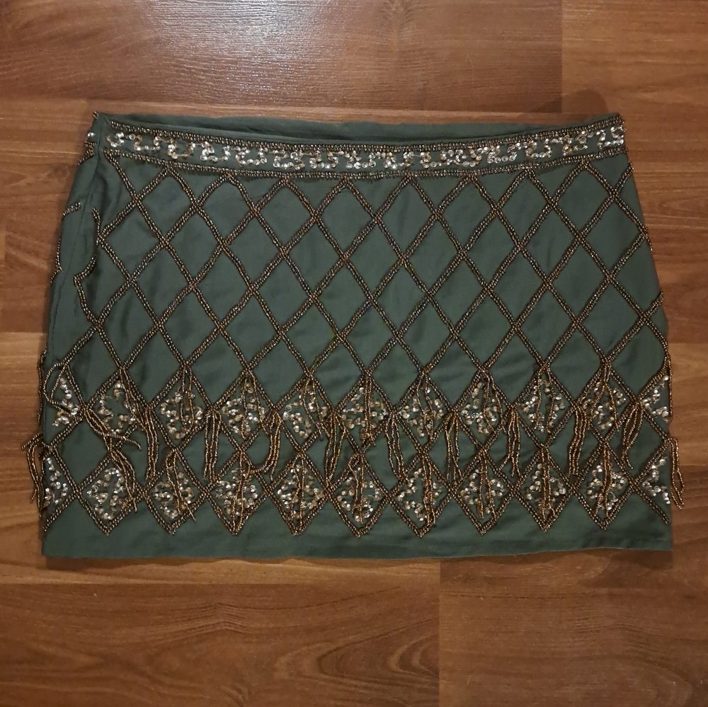 Olive Green Gold Beaded Skirt Flapper Costume Bellydance Boho Festival